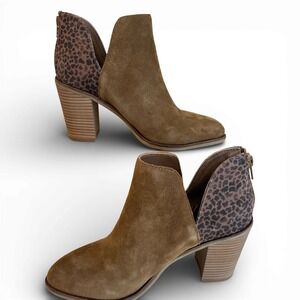 NEW SIXE 9 Ankle Boots Suede Leopard Print Block Heel Zipper Tan Brown US 9